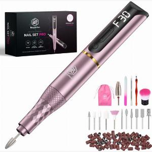 Beeperfect Cordless Electric Nail File Pro Edition  Nagelfräse  Maniküre und PediküreSet  wiederaufladbar  11 Bits und 60 Schleifrollen  30000 Umin  Pink