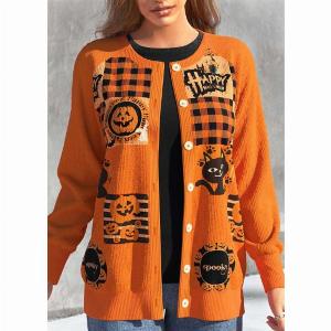 Get 22 off the ROTITA Halloween Print Orange Round Neck Button Coat today
