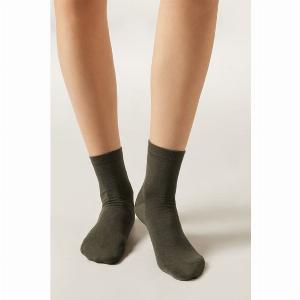 Calzedonia Chaussettes Courtes avec Bordure Travaillée Femme Vert Taille 3638