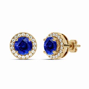 Dainty Lab Grown Diamond Dynasty Halo Earrings  10K Yellow Gold 16 cttw Diamond  4mm Round Sapphire