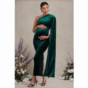 Amaryllis Bottle Green Velvet Maternity One Shoulder Maxi Dress with Cape Sleeve