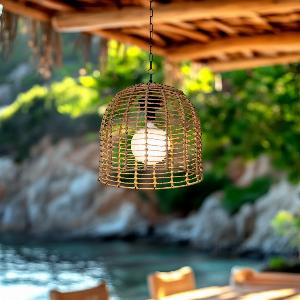 SUNJOY Outdoor Chandelier Wicker Hanging Light Fixture with Remote Control  Light Brown