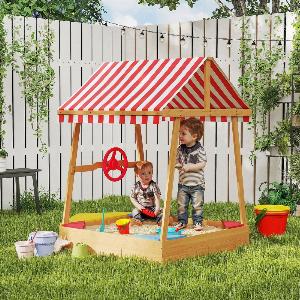 Wooden Kids Sandpit with Canopy Seats Rudder  Bottom Liner