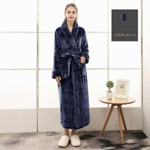 Bademantel Flanell  langer Saunamantel mit Taschen und Kragen in Waffeloptik  weicher Morgenmantel  Langbademantel  Blau  M