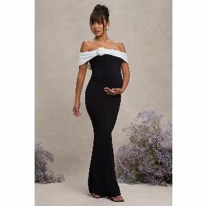 In Bloom Black White Bardot Maternity Maxi Dress With Flower