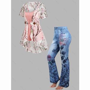 Peach Blossom Print Blouse with Asymmetrical Hem and Faux Denim Pants
