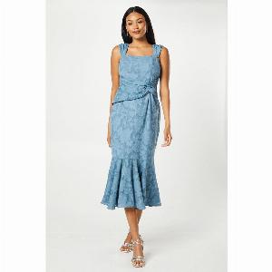 Twist Detail Georgette Jacquard Midi Dress  Dusty Blue