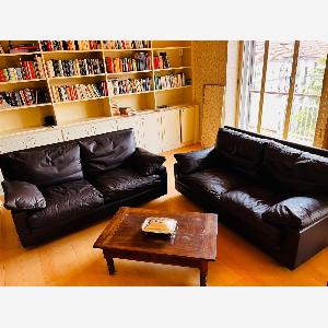 2er Sofa Set aus dunkelbraunem Leder 80er Jahre