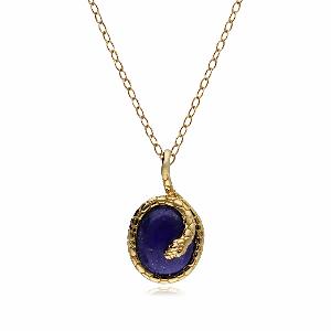 ECFEW Oval Lapis Lazuli Winding Snake Pendant Necklace in Gold Plated Sterling Silver