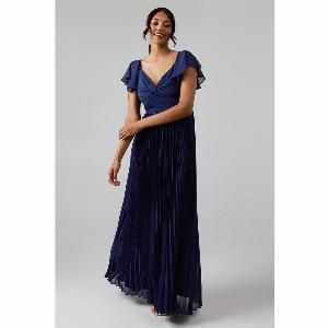 Crinkle Chiffon Angel Sleeve Bridesmaid Maxi Dress  Navy