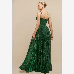 Goddiva Sleeveless Pleated A Line Lurex Maxi Dress  Emerald Green
