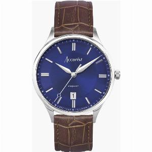 Accurist Accurist Classic Mens Watch Silver Case Brown Leather Strap with Windsor Blue Dial 37mm