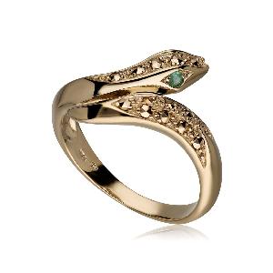 Emerald Eyes Marcasite Snake Ring in Gold Plated Sterling Silver