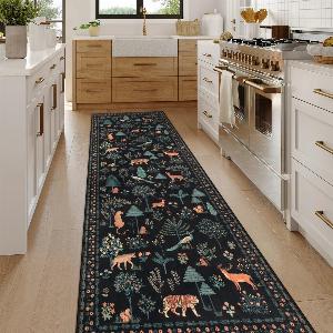 Cora Washable Modern Vibrant Jungle Animals Black Rug  25 x 10