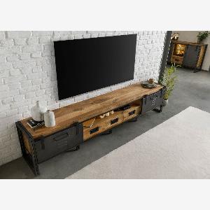 Meuble TV en bois de Manguier  Bois de récupération 260x45x55 naturel laqué  métal gris BLACKBURN LUX 554
