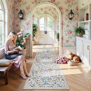 Claude Washable Maximalism Vibrant Blossom Floral Beige Rug  2 x 6