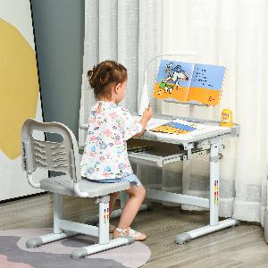 HOMCOM Kinder Schreibtisch mit Stuhl  Kinder Schreibtisch und Stuhl Set höhenverstellbar  Lampe Leseständer ausziehbares Tablett mit Mehrfachspeicherung  Grau Weiß   Aosom