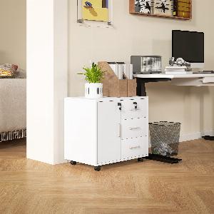 HOMCOM Caisson bureau meuble de rangement verrouillable avec 3 tiroirs et étagère réglable roulettes 40 x 60 x 56 cm blanc