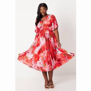 Plus Twist Front V Neck Mesh Midi Dress With Angel Sleeve  Red