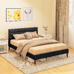 HOMCOM Cadre de lit double 2 personnes avec sommier à lattes et tête de lit capitonnée compatible matelas 140 x 200 cm noir