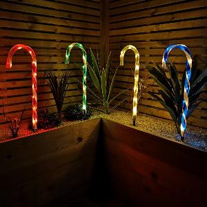 Set of 4 Battery Operated LED Multi Coloured Candy Cane Stripe Path Lights Christmas Decoration with Timer