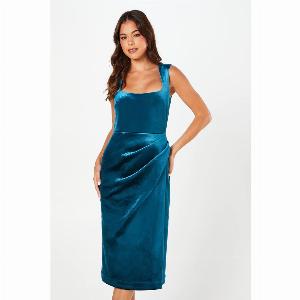 Square Neck Bonded Velvet Pencil Dress  Blue