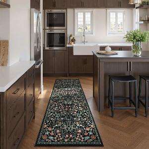 Claude Washable Maximalism Vibrant Blossom Floral Black Rug  2 x 6