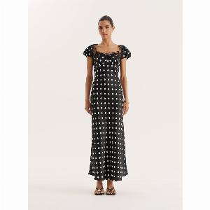 Black Polka Dot Print Satin Slip Maxi Dress Sana
