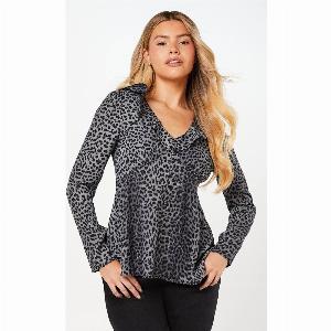 Womens Black Animal Ruffle Neck Long Sleeve Button Front Tea Blouse  8