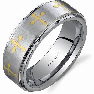 Mens Cross Motif 8mm Silver Tone Ring in Tungsten