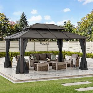SUNJOY 12x16 Hard Top Gazebo with Steel Roof Ceiling Hook and Netting  Brown