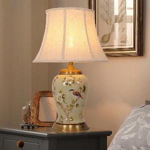 Vintage Camellia Ceramic Table Lamp with Copper Base and Fabric Shade