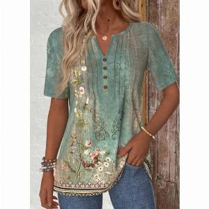 ROTITA Tuck Stitch Random Floral Print Sage Green T Shirt