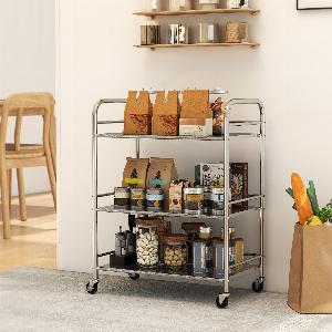 HOMCOM Desserte cuisine chariot de service à 3 niveaux en acier inoxydable 201 avec poignées roues 60 x 35 x 77 cm argenté