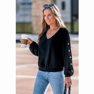 Top noir décontracté col V manches longues