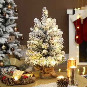 HOMCOM 60 cm Prelit Small Christmas Tree with 35 LED Lights Snow Flocked Tabletop Mini Xmas Tree with 72 Dense Branches Pine Cones Berry Clusters and Linen Cover Base Battery Operated Green