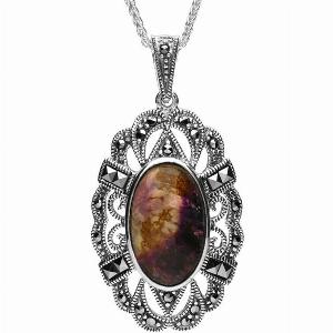 Sterling Silver Blue John Marcasite Lace Edged Oval Necklace  Default Title  Silver