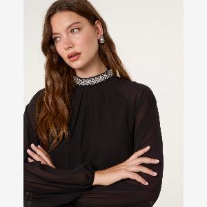 Enjoy 46 Discount on Black Embellished Collar Tunic Top  Size L