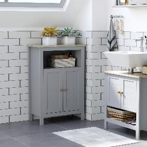 kleankin Bathroom Floor Storage Cabinet Free Standing Unit w Compartment Adjustable Shelf Doubledoor Design Free Standing Organizer   Aosom UK
