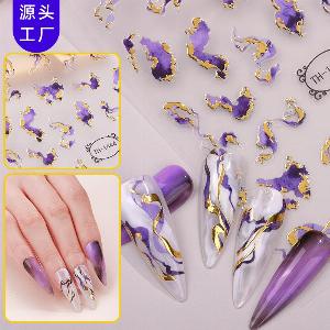 Adesivi per unghie in marmo viola con design fumo decalcomanie per unghie con linee ondulate dorate 3D cursori per unghie geometrici decorazione per manicure TH1443