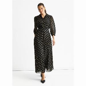 Black Chiffon Foil Belted Maxi Shirt Dress