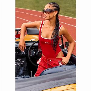 Kaiia Logo Contrast Trim Ribbed Bodysuit Red