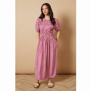 Shirred Bodice Puff Sleeve Midi Dress