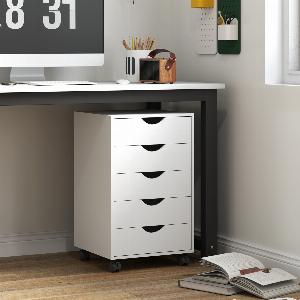 HOMCOM 5 Drawer Mobile Filing Cabinet Vertical File Cabinet Modern Rolling Office Storage Organizer Cupboard White