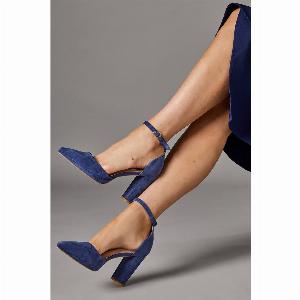 Sadie Faux Suede Platform Pointed High Block Heel Court Shoes  Blue