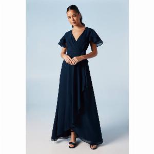 Wrap Waist Short Sleeve Bridesmaids Maxi Dress  Navy