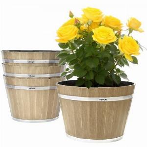 VEVOR Plant Pots 4 Pack 300 mm Whiskey Barrel Planters with Drainage Holes Large Outside Plastic Decoration Flower Pot Imitation Wine Barrel Design for Indoor  Outdoor Garden Home Plants Brown