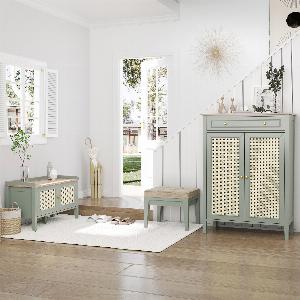 HOMCOM Banc à chaussures meuble de rangement avec étagère sur pieds 2 placards avec façades cannage poignée en alliage daluminium vert