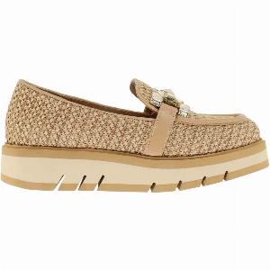 Mocassini beige in pelle e tessuto con decorazione gioiello per donna