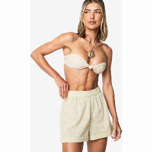 Womens Linen Turnup Beach Shorts  Beige  S